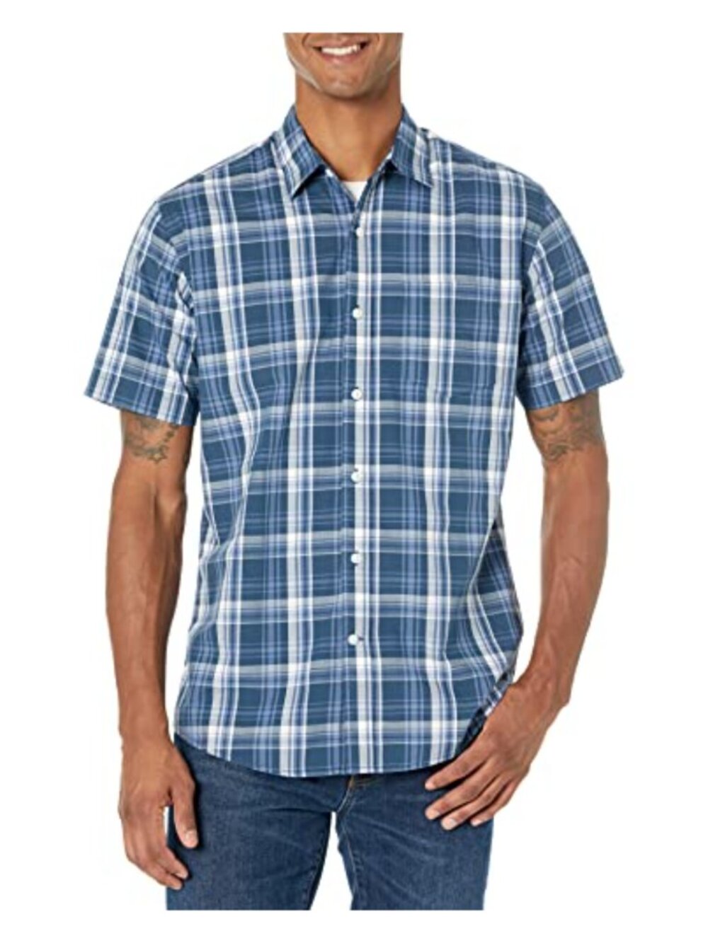 Men's Regular-Fit Short-Sleeve Poplin Button-Down Shirt Collared Plaid